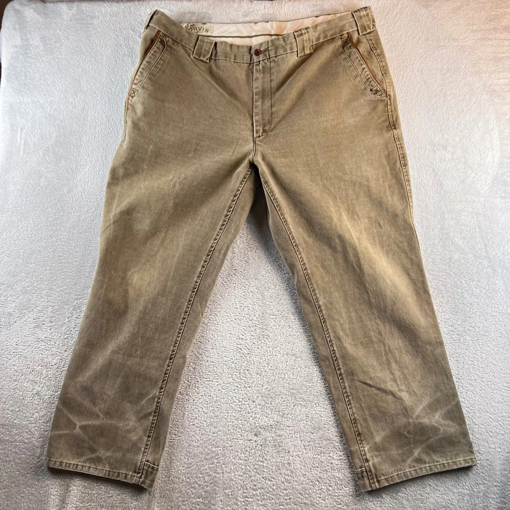 VTG Orvis Sporting Traditions Men 44 Cotton Canvas Leather Trim Pant Khaki